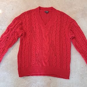 Women's ribbed distressed V neck knit sweater by wild fable size M red
